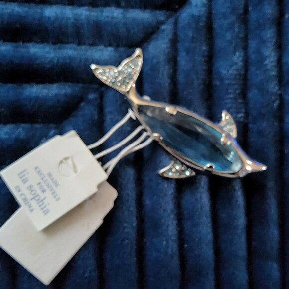 Crystal Stone Silver Dolphin Brooch Pin - Picture 1 of 3